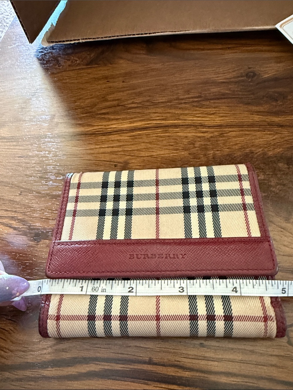 Burberry Beige Check Card Wallet with Burgundy Trim - Picture 14 of 15